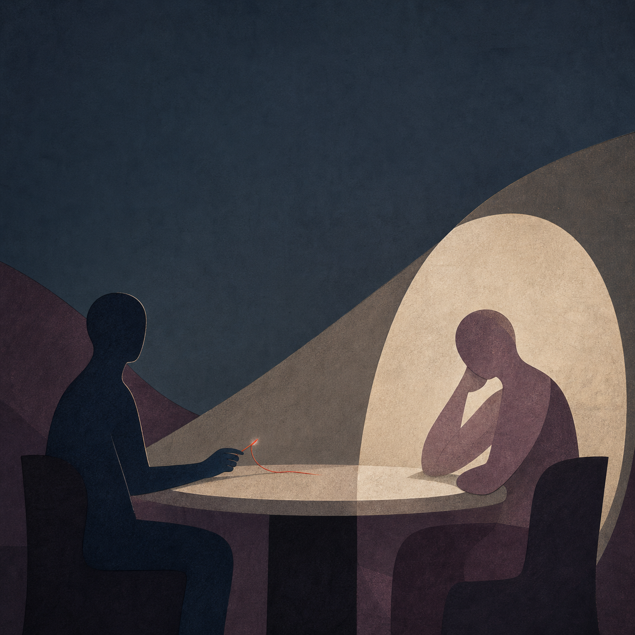 Two figures at a table as a small provocation is eclipsed by a spotlight redirected onto the other person's reaction